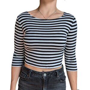 Forever 21 Black and White Striped Cropped Top with 3/4 Sleeves Women Size Large